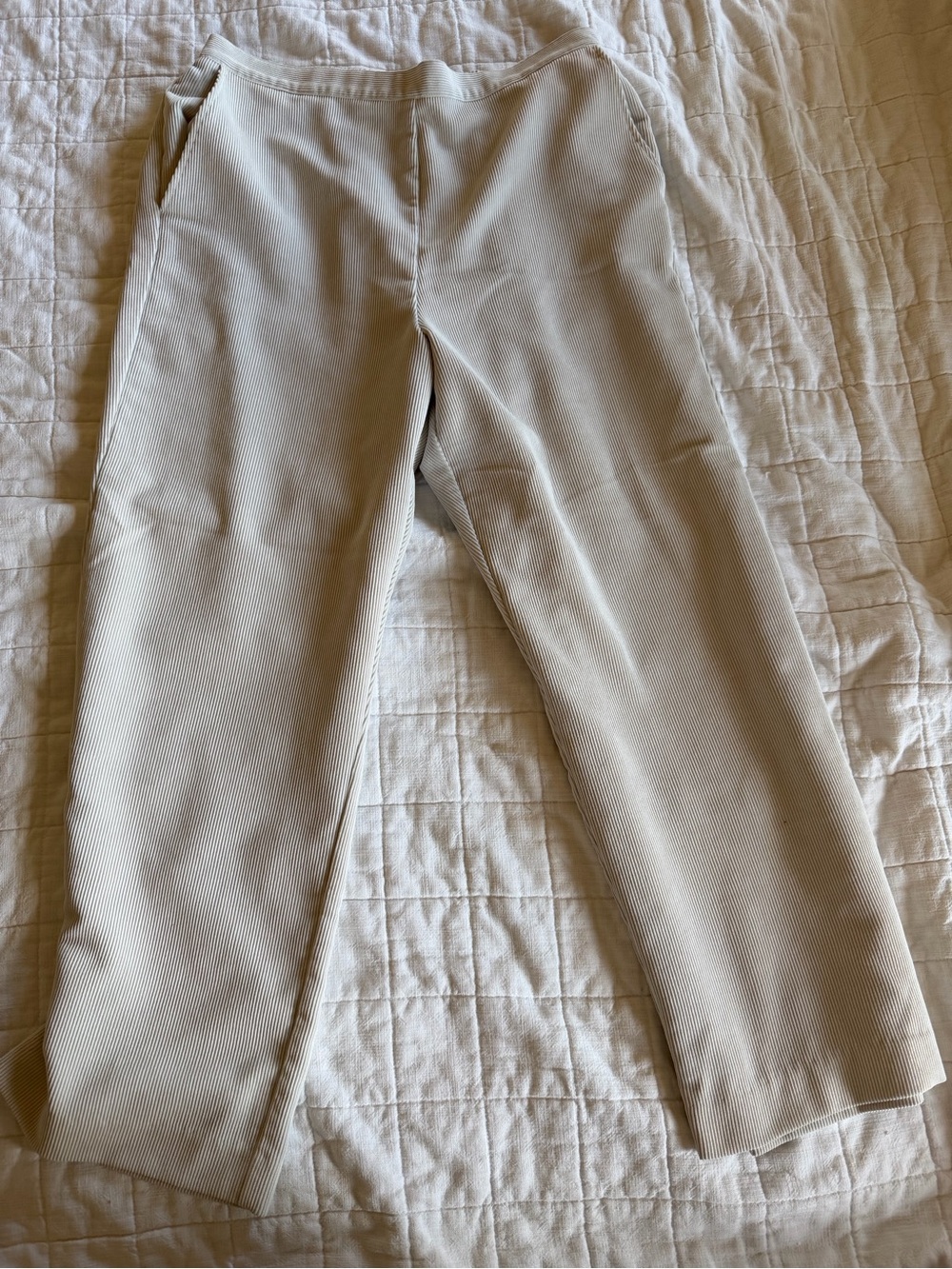 Cream Wide-Leg Ribbed Pants